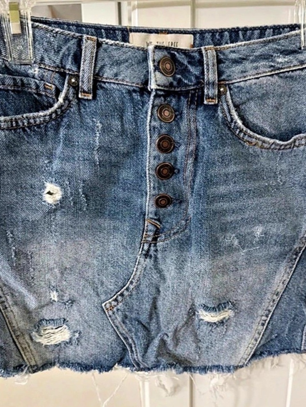 We The Free Distressed Denim Jean Skirt in Blue